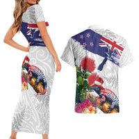 New Zealand Christmas Couples Matching Short Sleeve Bodycon Dress and Hawaiian Shirt Meri Kirihimete-Tuatara and Pohutukawa White Color LT03 - Polynesian Pride