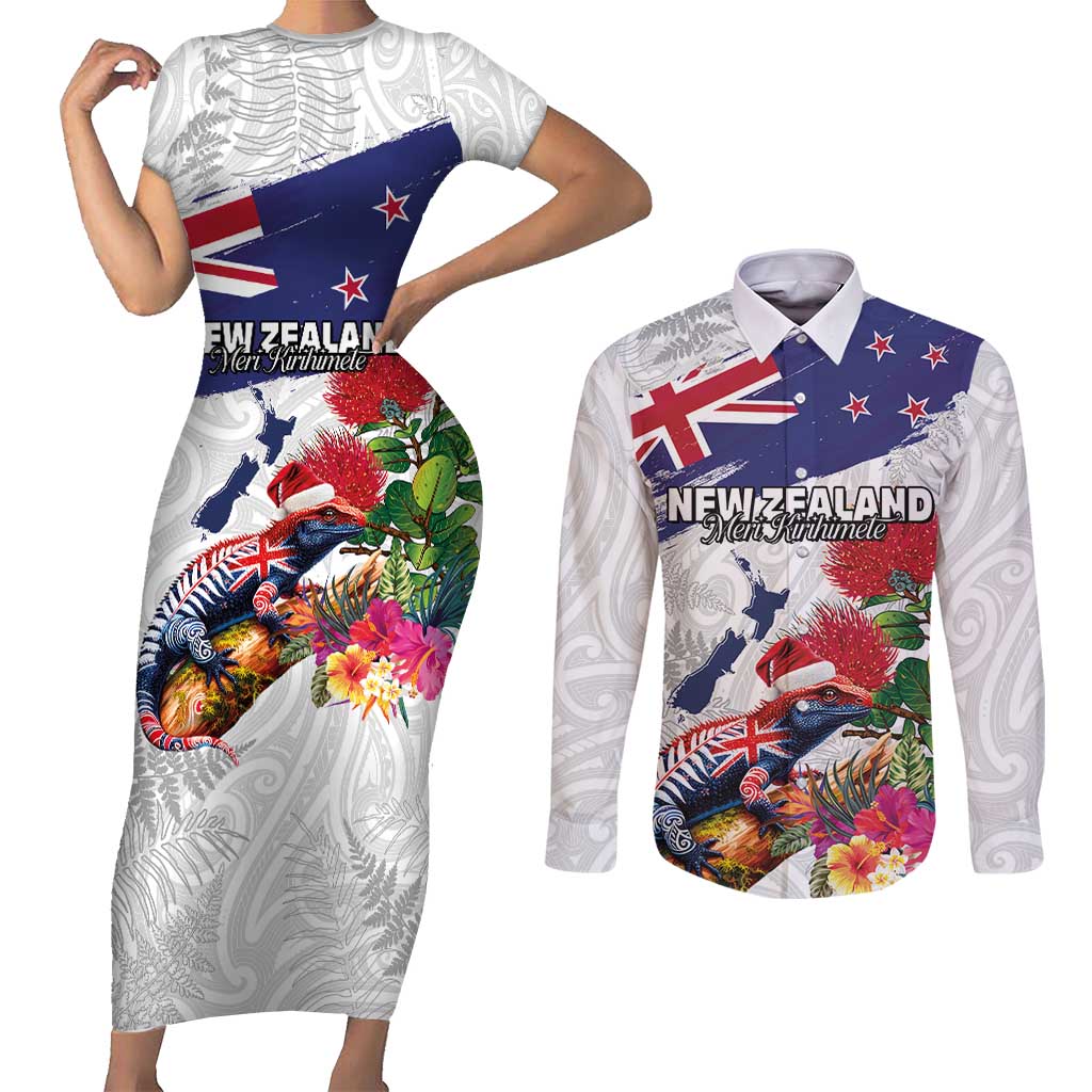 New Zealand Christmas Couples Matching Short Sleeve Bodycon Dress and Long Sleeve Button Shirt Meri Kirihimete-Tuatara and Pohutukawa White Color