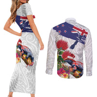 New Zealand Christmas Couples Matching Short Sleeve Bodycon Dress and Long Sleeve Button Shirt Meri Kirihimete-Tuatara and Pohutukawa White Color