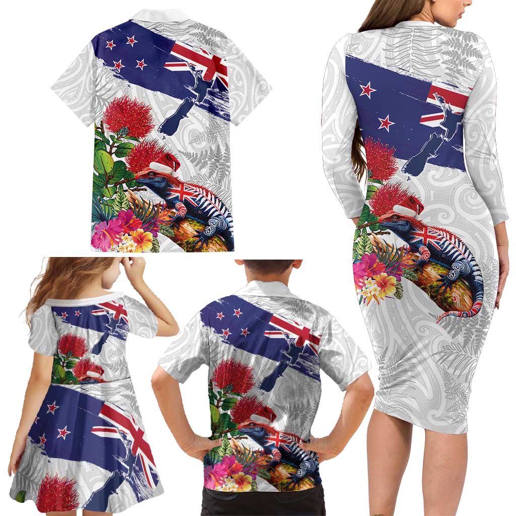 New Zealand Christmas Family Matching Long Sleeve Bodycon Dress and Hawaiian Shirt Meri Kirihimete-Tuatara and Pohutukawa White Color