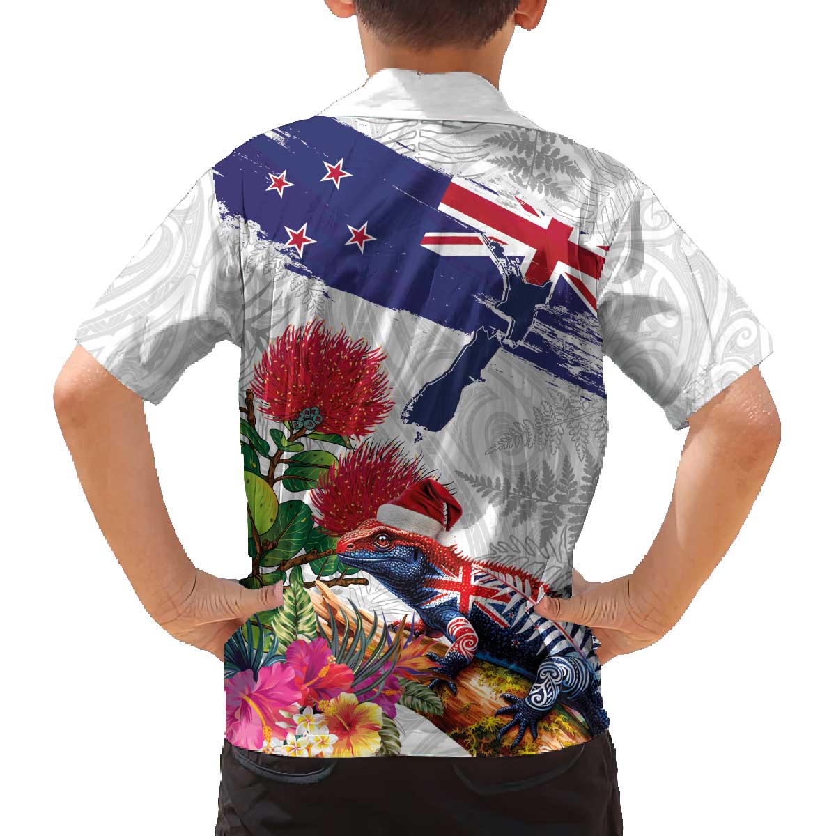 New Zealand Christmas Family Matching Off The Shoulder Long Sleeve Dress and Hawaiian Shirt Meri Kirihimete-Tuatara and Pohutukawa White Color