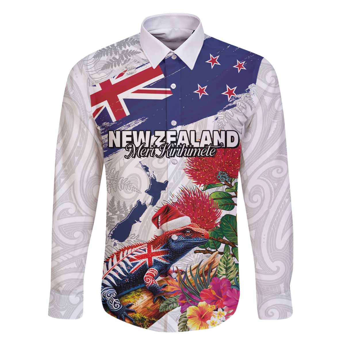 New Zealand Christmas Family Matching Off The Shoulder Long Sleeve Dress and Hawaiian Shirt Meri Kirihimete-Tuatara and Pohutukawa White Color