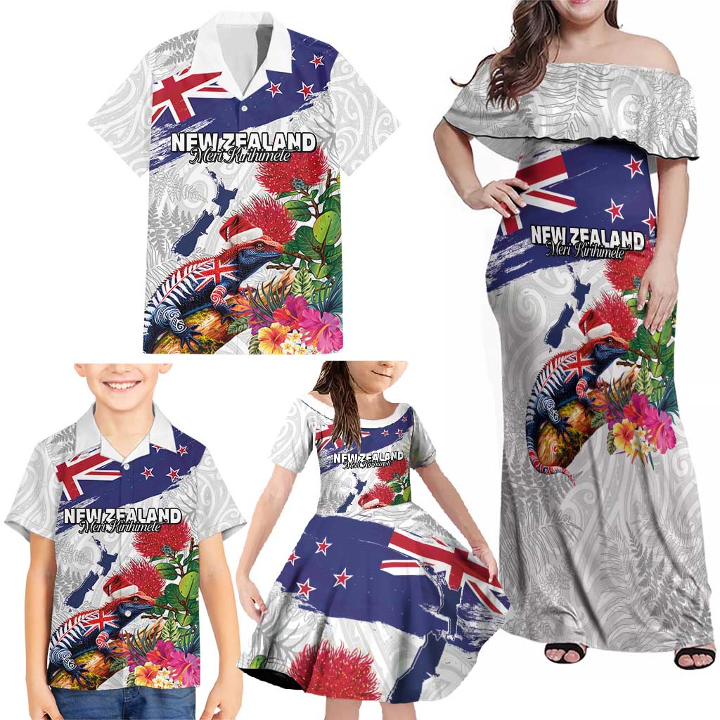 New Zealand Christmas Family Matching Off Shoulder Maxi Dress and Hawaiian Shirt Meri Kirihimete-Tuatara and Pohutukawa White Color