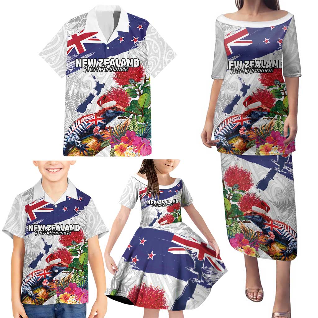 New Zealand Christmas Family Matching Puletasi and Hawaiian Shirt Meri Kirihimete-Tuatara and Pohutukawa White Color