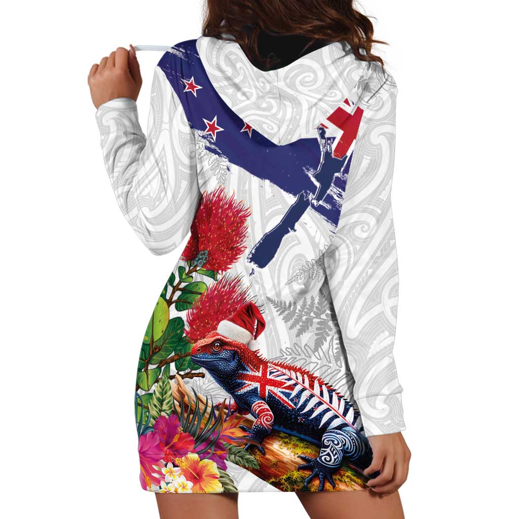 New Zealand Christmas Hoodie Dress Meri Kirihimete-Tuatara and Pohutukawa White Color