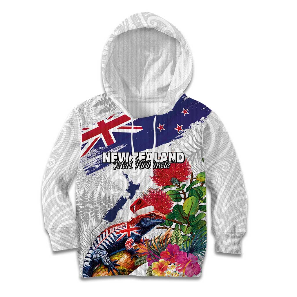 New Zealand Christmas Kid Hoodie Meri Kirihimete-Tuatara and Pohutukawa White Color