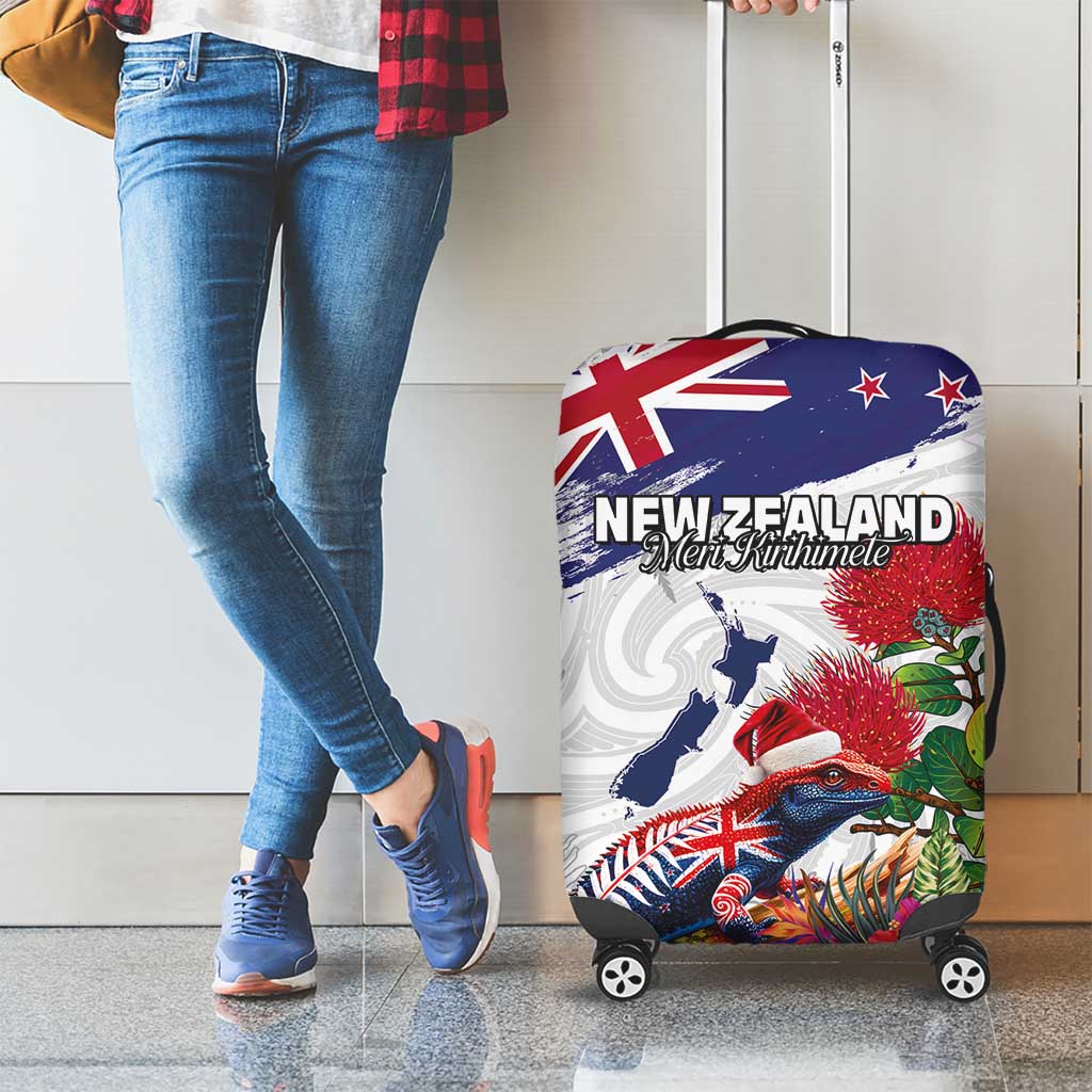 New Zealand Christmas Luggage Cover Meri Kirihimete-Tuatara and Pohutukawa White Color