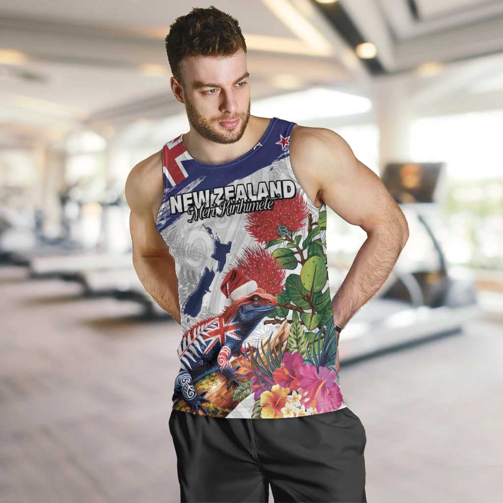 New Zealand Christmas Men Tank Top Meri Kirihimete-Tuatara and Pohutukawa White Color