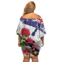 New Zealand Christmas Off Shoulder Short Dress Meri Kirihimete-Tuatara and Pohutukawa White Color