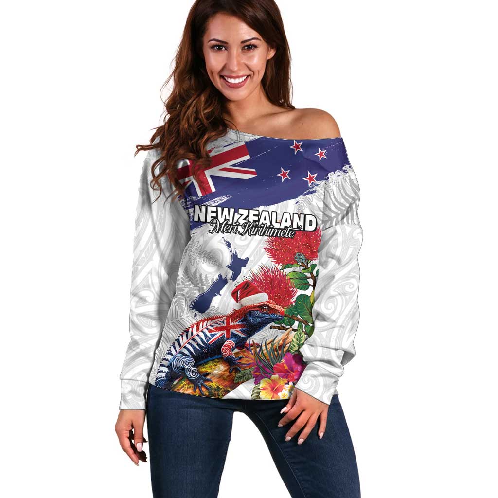 New Zealand Christmas Off Shoulder Sweater Meri Kirihimete-Tuatara and Pohutukawa White Color