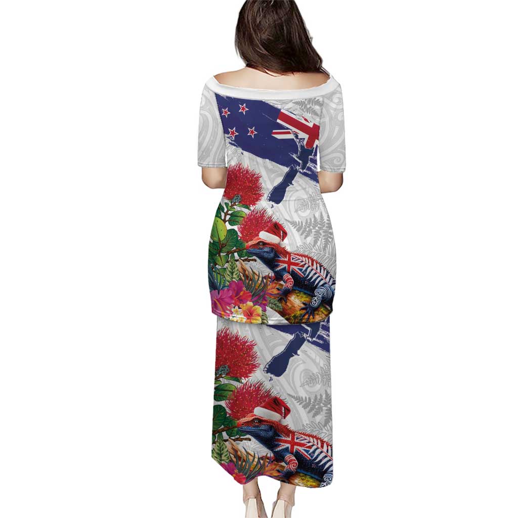 New Zealand Christmas Puletasi Meri Kirihimete-Tuatara and Pohutukawa White Color