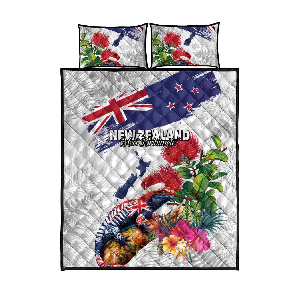 New Zealand Christmas Quilt Bed Set Meri Kirihimete-Tuatara and Pohutukawa White Color
