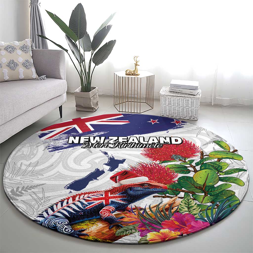 New Zealand Christmas Round Carpet Meri Kirihimete-Tuatara and Pohutukawa White Color
