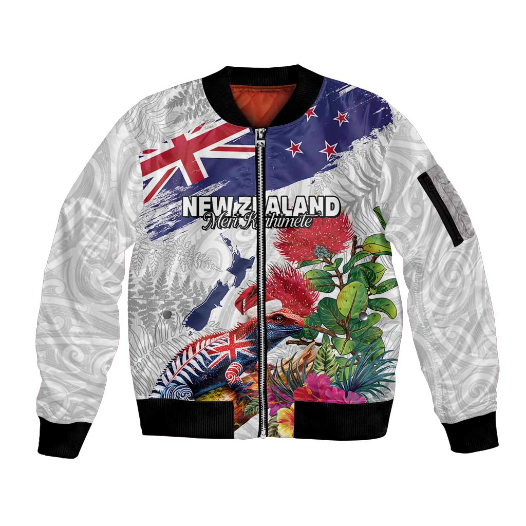 New Zealand Christmas Sleeve Zip Bomber Jacket Meri Kirihimete-Tuatara and Pohutukawa White Color