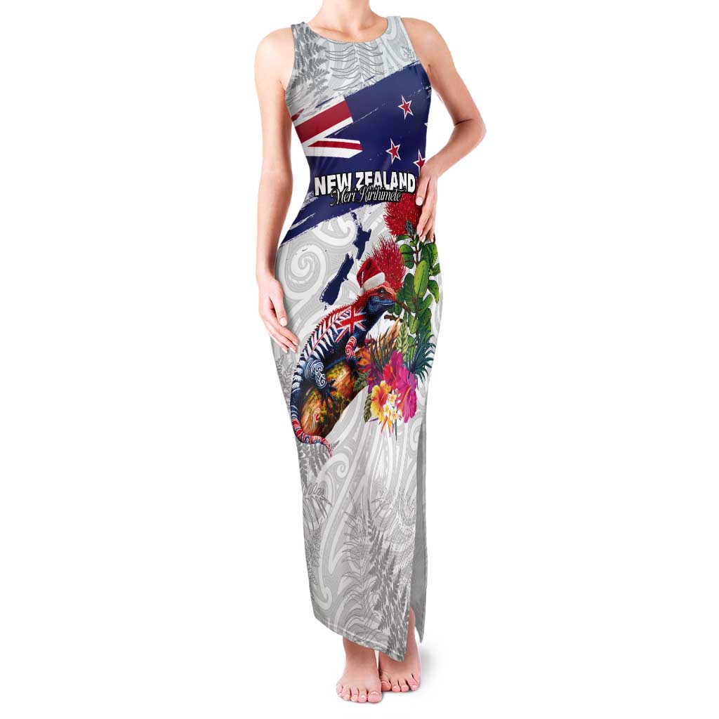 New Zealand Christmas Tank Maxi Dress Meri Kirihimete-Tuatara and Pohutukawa White Color