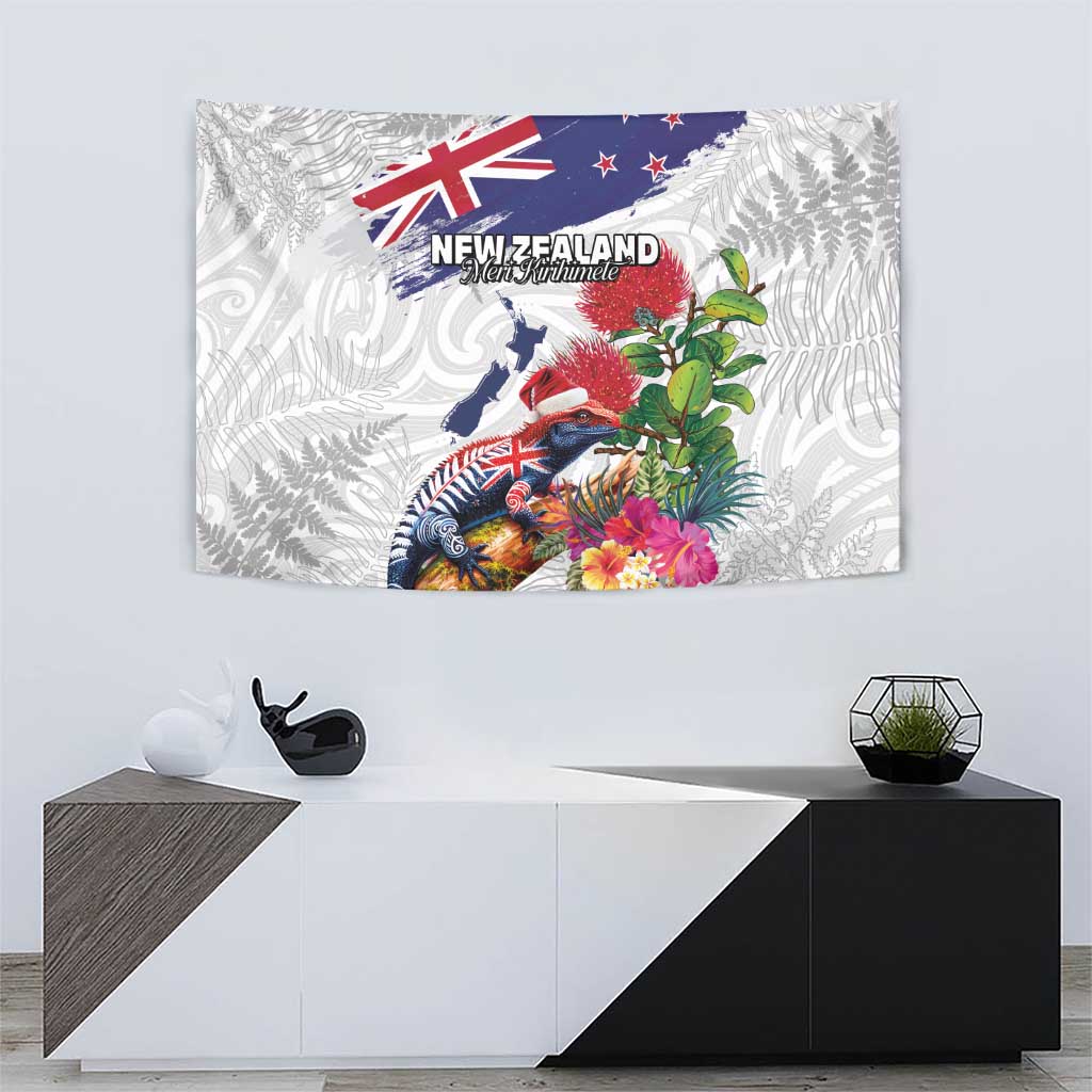 New Zealand Christmas Tapestry Meri Kirihimete-Tuatara and Pohutukawa White Color