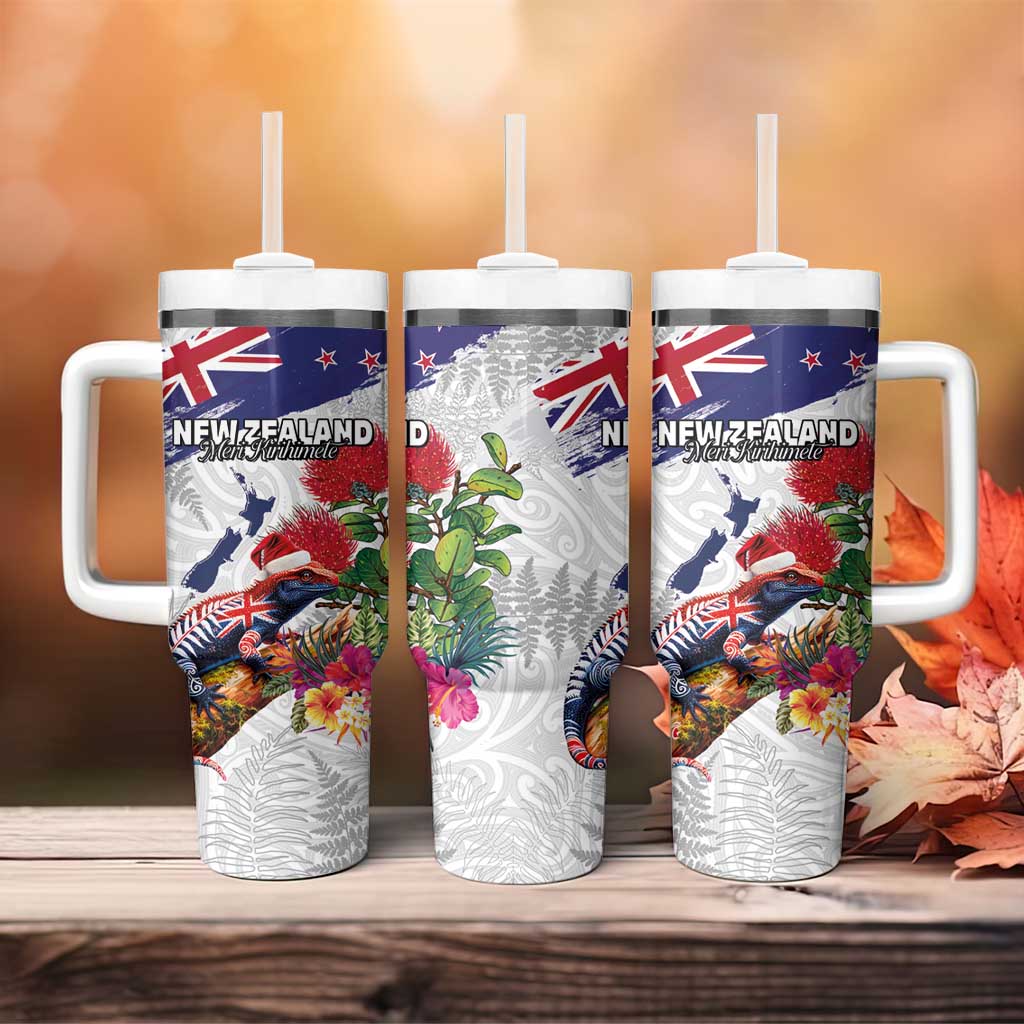 New Zealand Christmas Tumbler With Handle Meri Kirihimete-Tuatara and Pohutukawa White Color