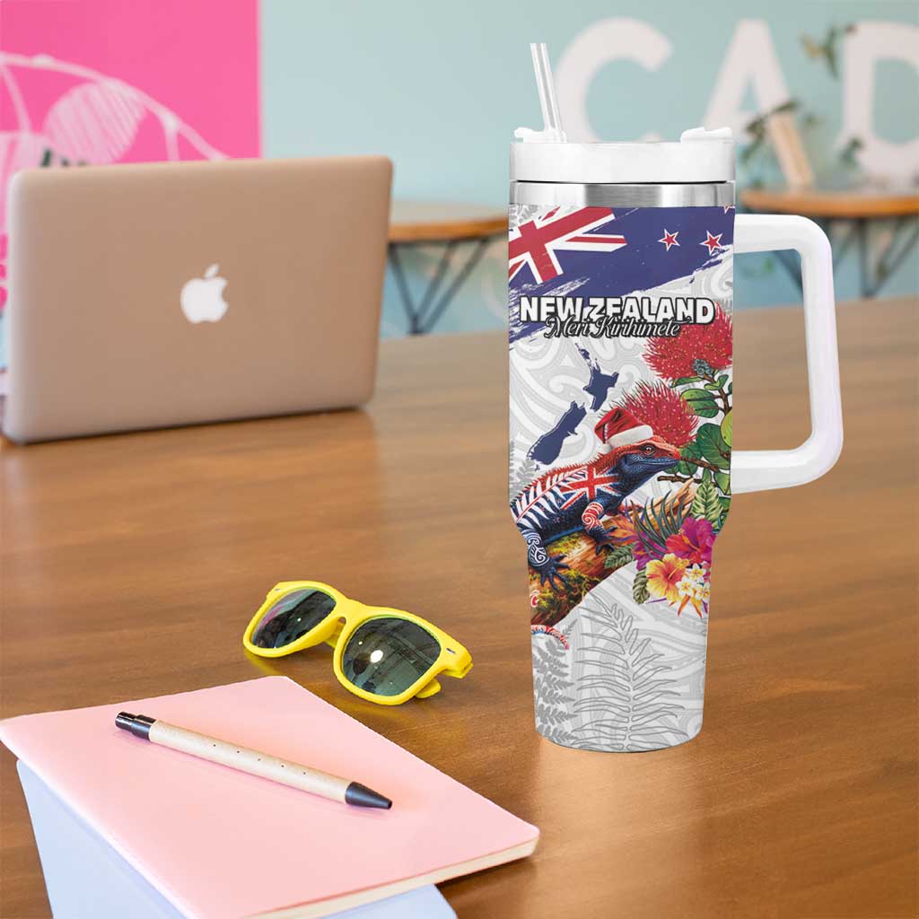 New Zealand Christmas Tumbler With Handle Meri Kirihimete-Tuatara and Pohutukawa White Color