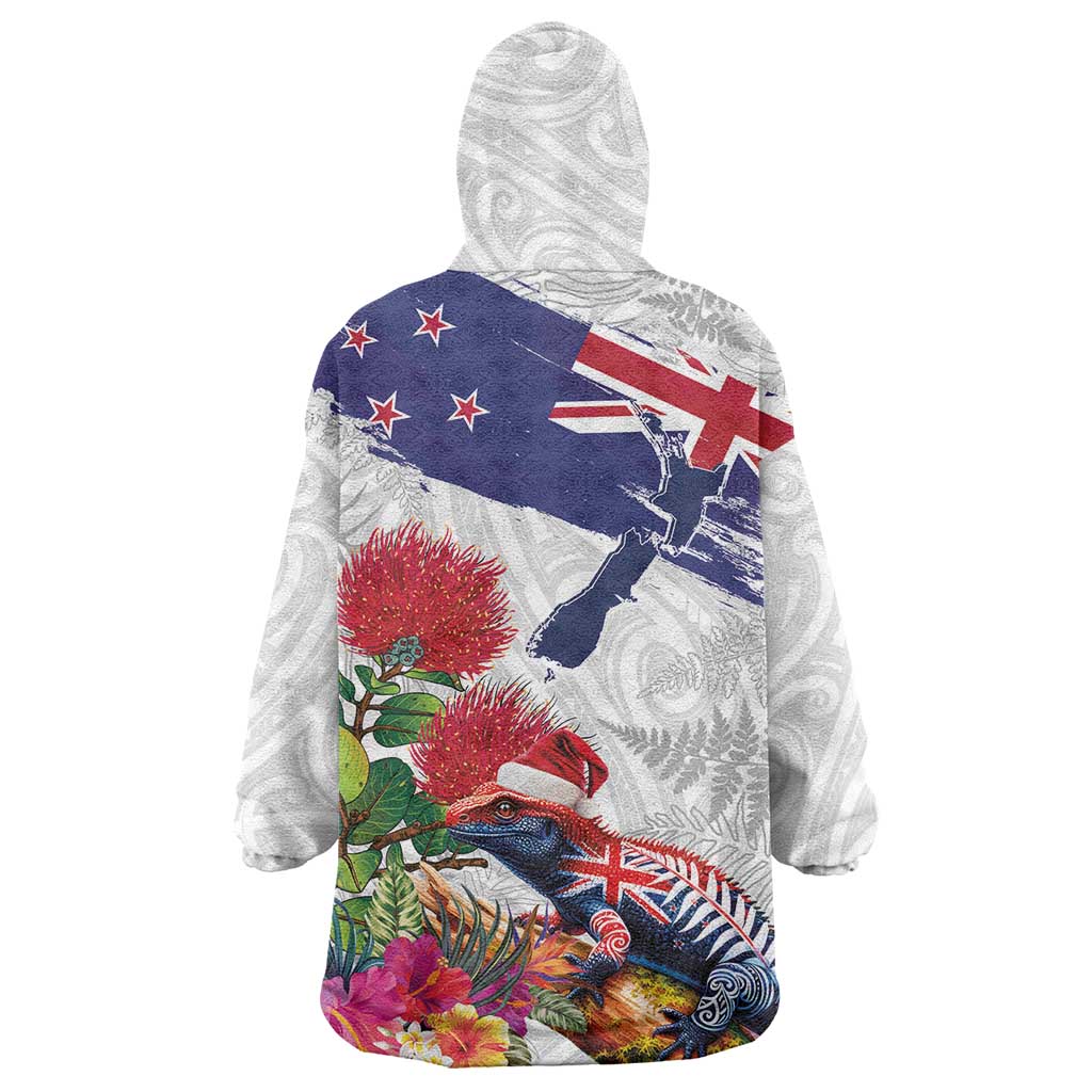 New Zealand Christmas Wearable Blanket Hoodie Meri Kirihimete-Tuatara and Pohutukawa White Color
