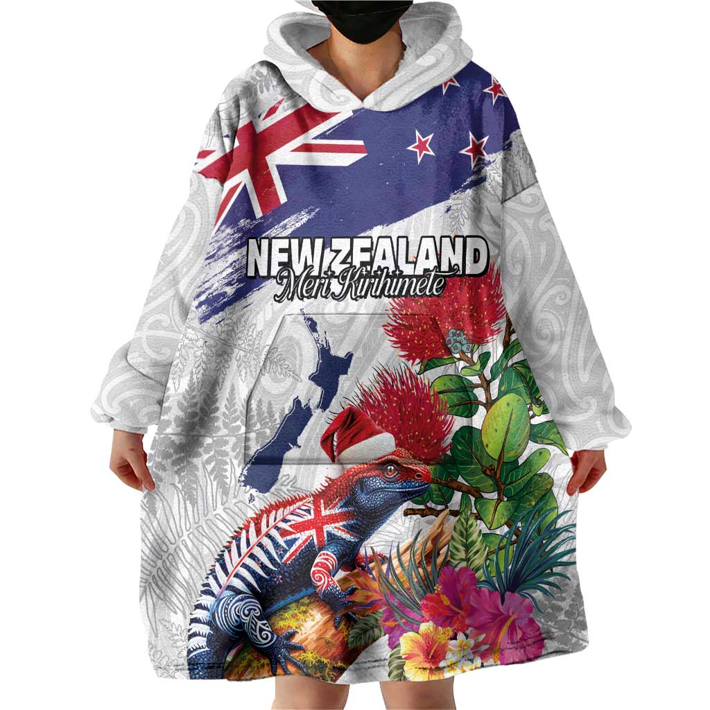 New Zealand Christmas Wearable Blanket Hoodie Meri Kirihimete-Tuatara and Pohutukawa White Color