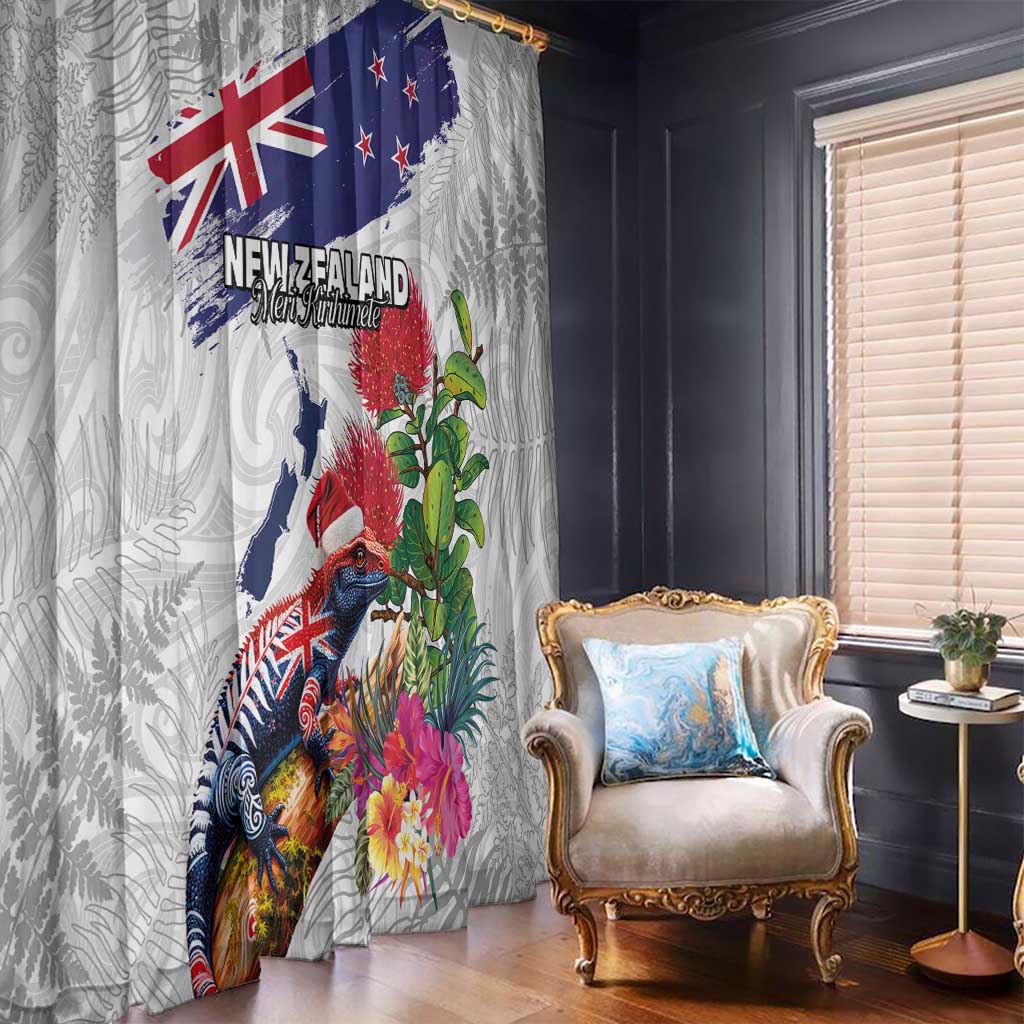 New Zealand Christmas Window Curtain Meri Kirihimete-Tuatara and Pohutukawa White Color