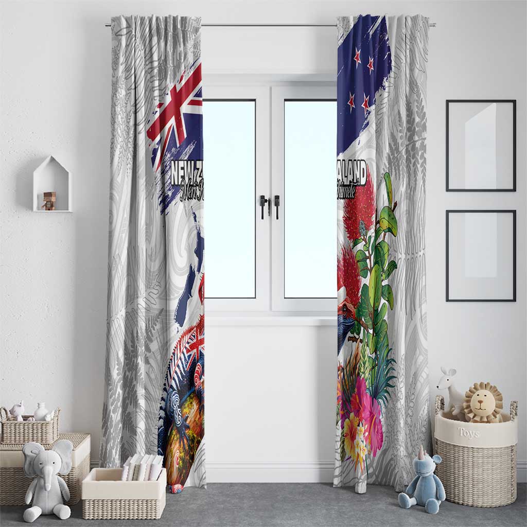 New Zealand Christmas Window Curtain Meri Kirihimete-Tuatara and Pohutukawa White Color