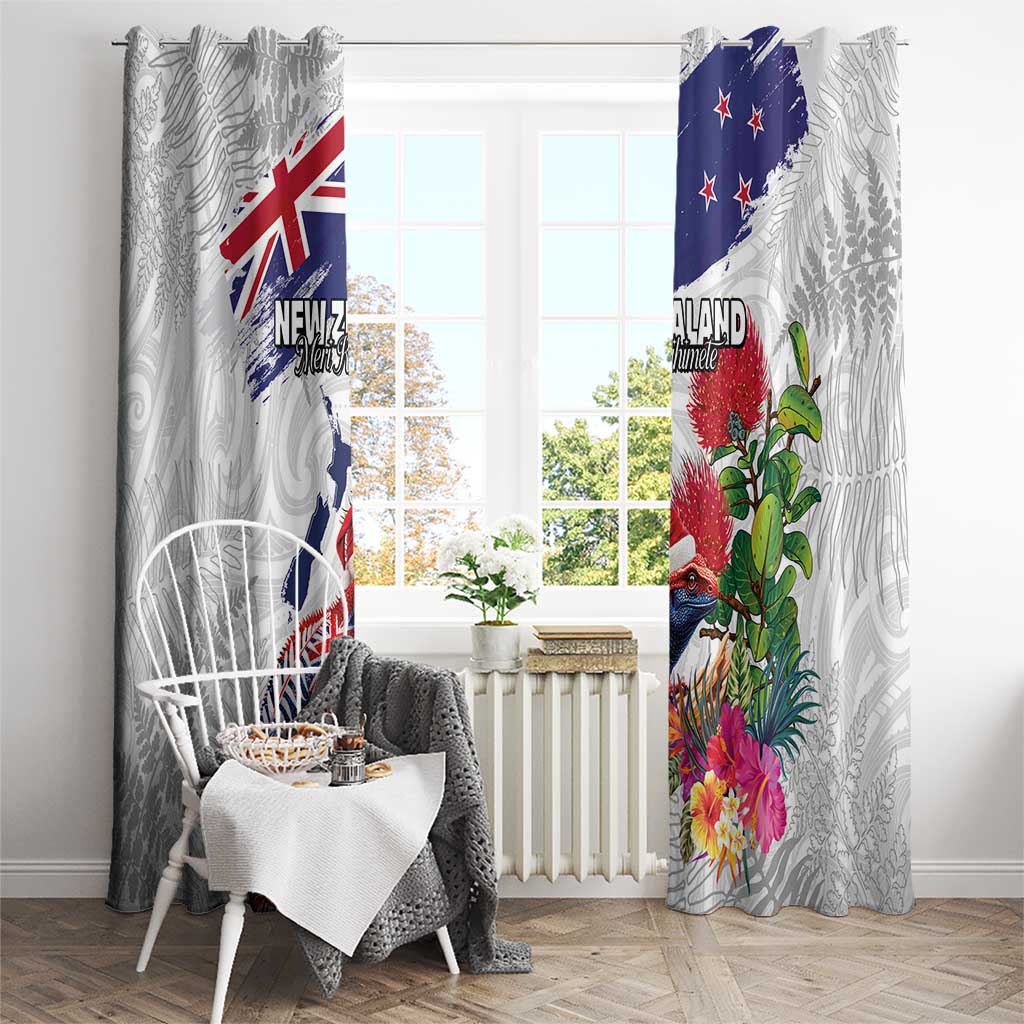 New Zealand Christmas Window Curtain Meri Kirihimete-Tuatara and Pohutukawa White Color