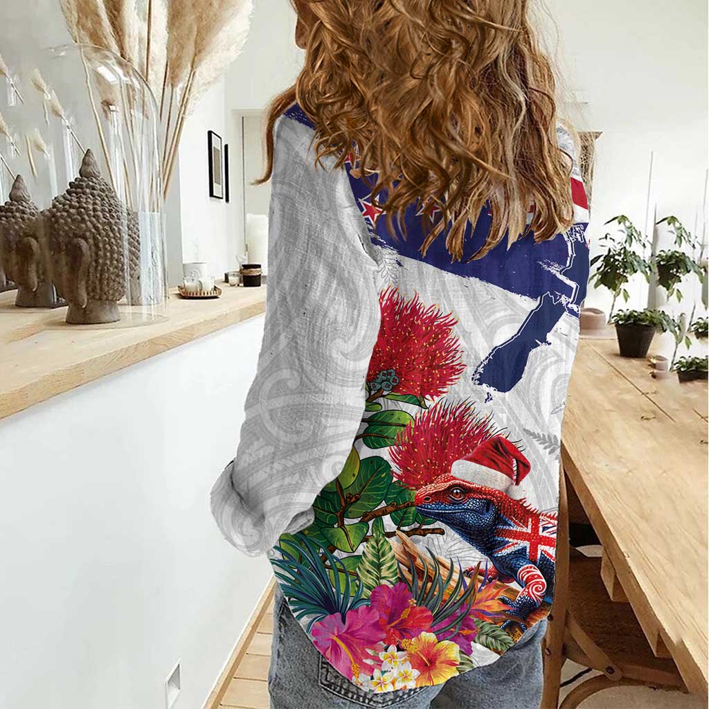 New Zealand Christmas Women Casual Shirt Meri Kirihimete-Tuatara and Pohutukawa White Color