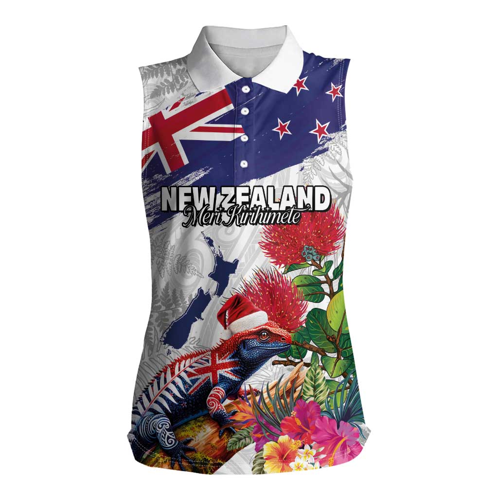 New Zealand Christmas Women Sleeveless Polo Shirt Meri Kirihimete-Tuatara and Pohutukawa White Color
