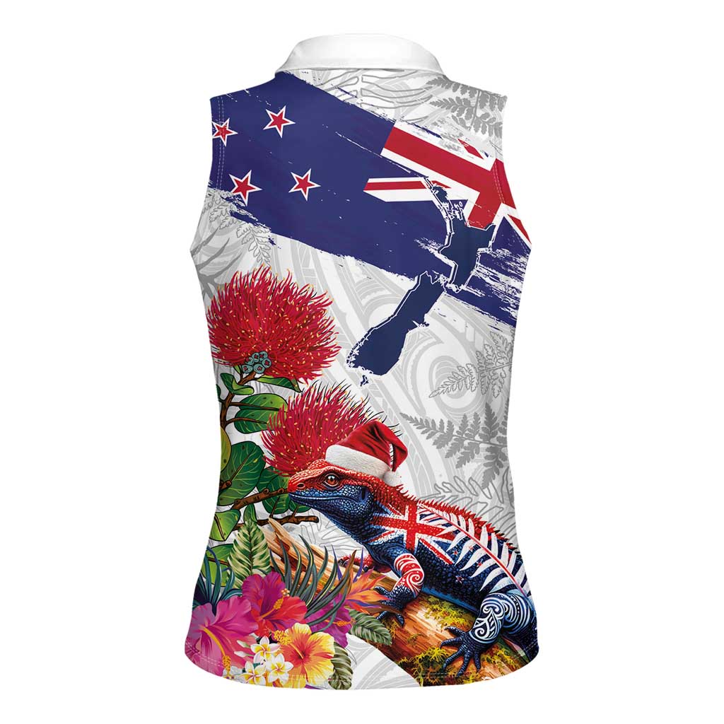 New Zealand Christmas Women Sleeveless Polo Shirt Meri Kirihimete-Tuatara and Pohutukawa White Color