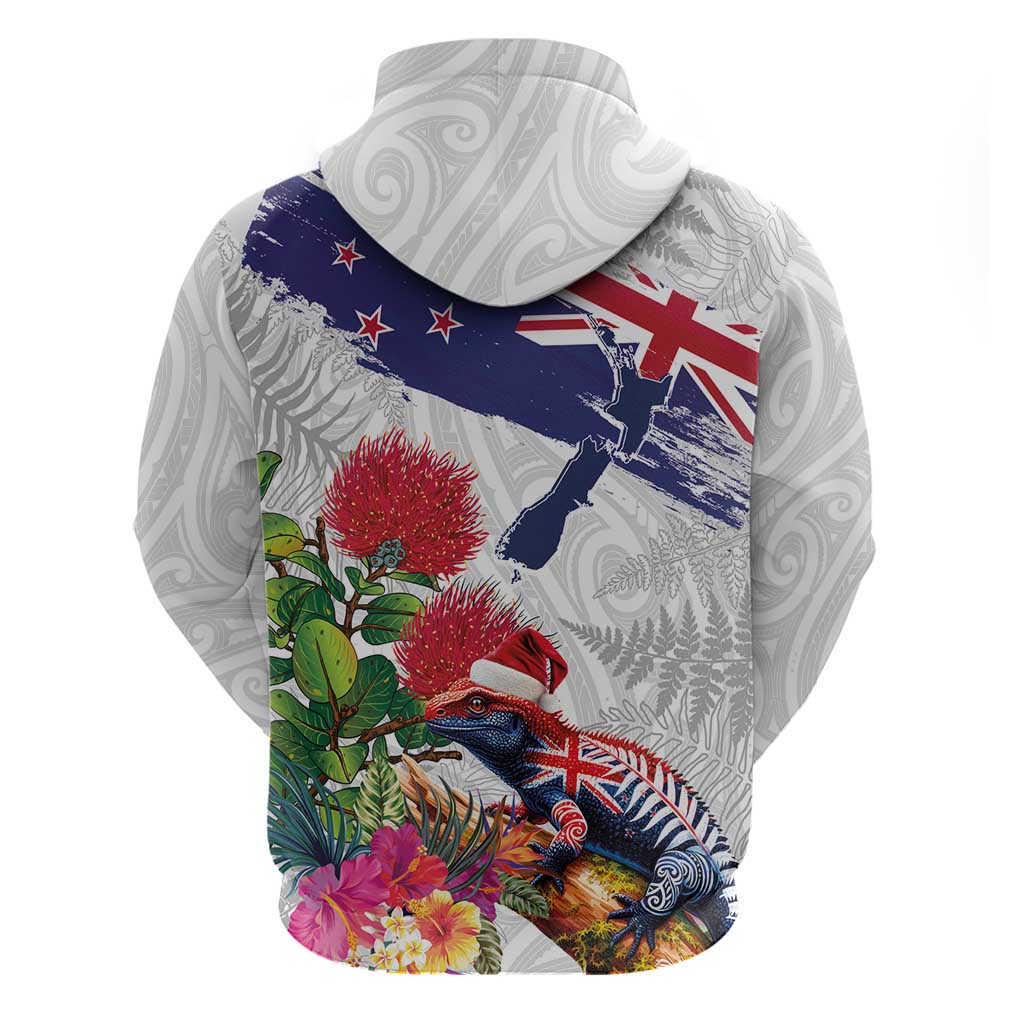 New Zealand Christmas Zip Hoodie Meri Kirihimete-Tuatara and Pohutukawa White Color