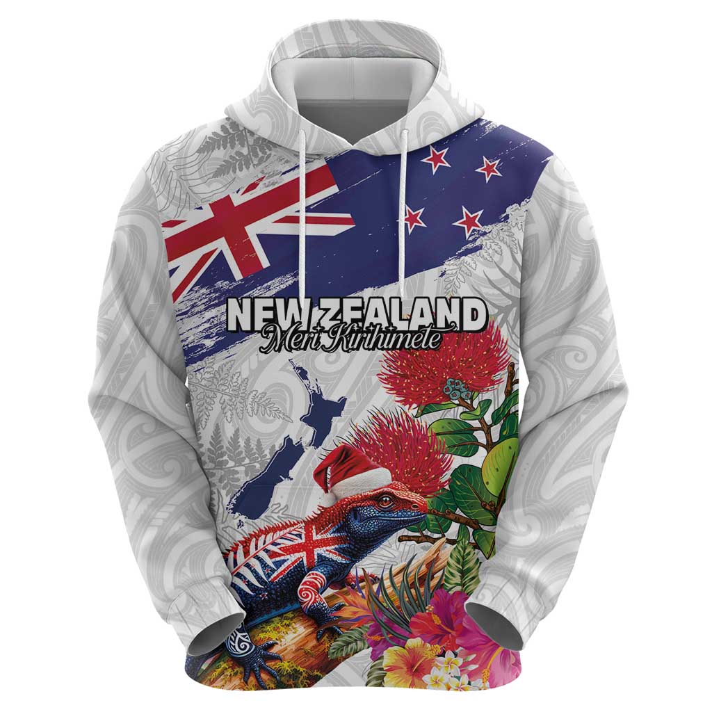 New Zealand Christmas Zip Hoodie Meri Kirihimete-Tuatara and Pohutukawa White Color