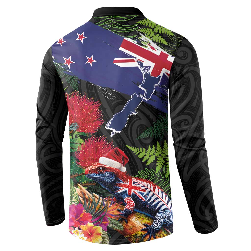 New Zealand Christmas Button Sweatshirt Meri Kirihimete-Tuatara and Pohutukawa Black Color