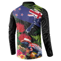 New Zealand Christmas Button Sweatshirt Meri Kirihimete-Tuatara and Pohutukawa Black Color