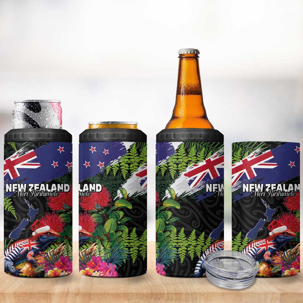 New Zealand Christmas 4 in 1 Can Cooler Tumbler Meri Kirihimete-Tuatara and Pohutukawa Black Color