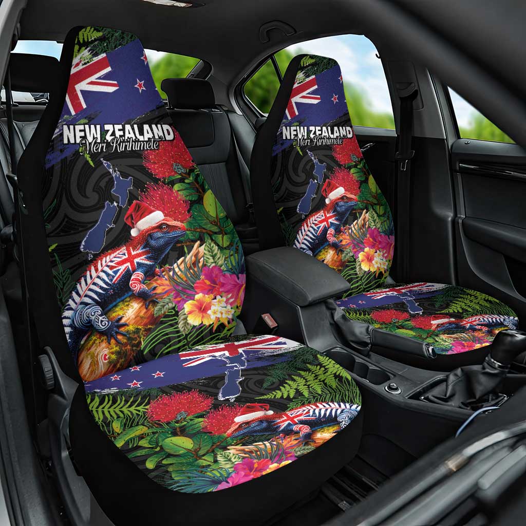 New Zealand Christmas Car Seat Cover Meri Kirihimete-Tuatara and Pohutukawa Black Color