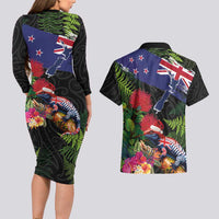 New Zealand Christmas Couples Matching Long Sleeve Bodycon Dress and Hawaiian Shirt Meri Kirihimete-Tuatara and Pohutukawa Black Color