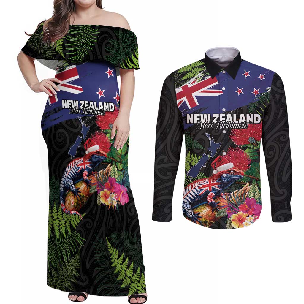 New Zealand Christmas Couples Matching Off Shoulder Maxi Dress and Long Sleeve Button Shirt Meri Kirihimete-Tuatara and Pohutukawa Black Color
