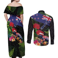 New Zealand Christmas Couples Matching Off Shoulder Maxi Dress and Long Sleeve Button Shirt Meri Kirihimete-Tuatara and Pohutukawa Black Color