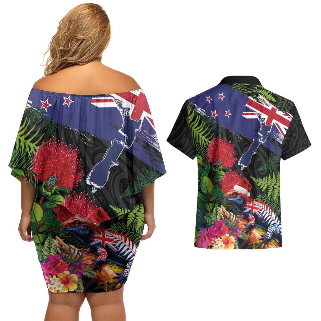 New Zealand Christmas Couples Matching Off Shoulder Short Dress and Hawaiian Shirt Meri Kirihimete-Tuatara and Pohutukawa Black Color
