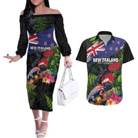 New Zealand Christmas Couples Matching Off The Shoulder Long Sleeve Dress and Hawaiian Shirt Meri Kirihimete-Tuatara and Pohutukawa Black Color