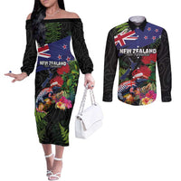 New Zealand Christmas Couples Matching Off The Shoulder Long Sleeve Dress and Long Sleeve Button Shirt Meri Kirihimete-Tuatara and Pohutukawa Black Color
