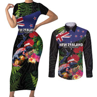 New Zealand Christmas Couples Matching Short Sleeve Bodycon Dress and Long Sleeve Button Shirt Meri Kirihimete-Tuatara and Pohutukawa Black Color
