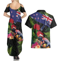 New Zealand Christmas Couples Matching Summer Maxi Dress and Hawaiian Shirt Meri Kirihimete-Tuatara and Pohutukawa Black Color