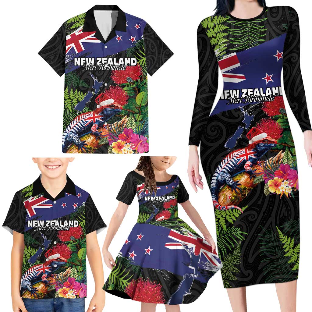 New Zealand Christmas Family Matching Long Sleeve Bodycon Dress and Hawaiian Shirt Meri Kirihimete-Tuatara and Pohutukawa Black Color
