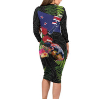 New Zealand Christmas Family Matching Long Sleeve Bodycon Dress and Hawaiian Shirt Meri Kirihimete-Tuatara and Pohutukawa Black Color