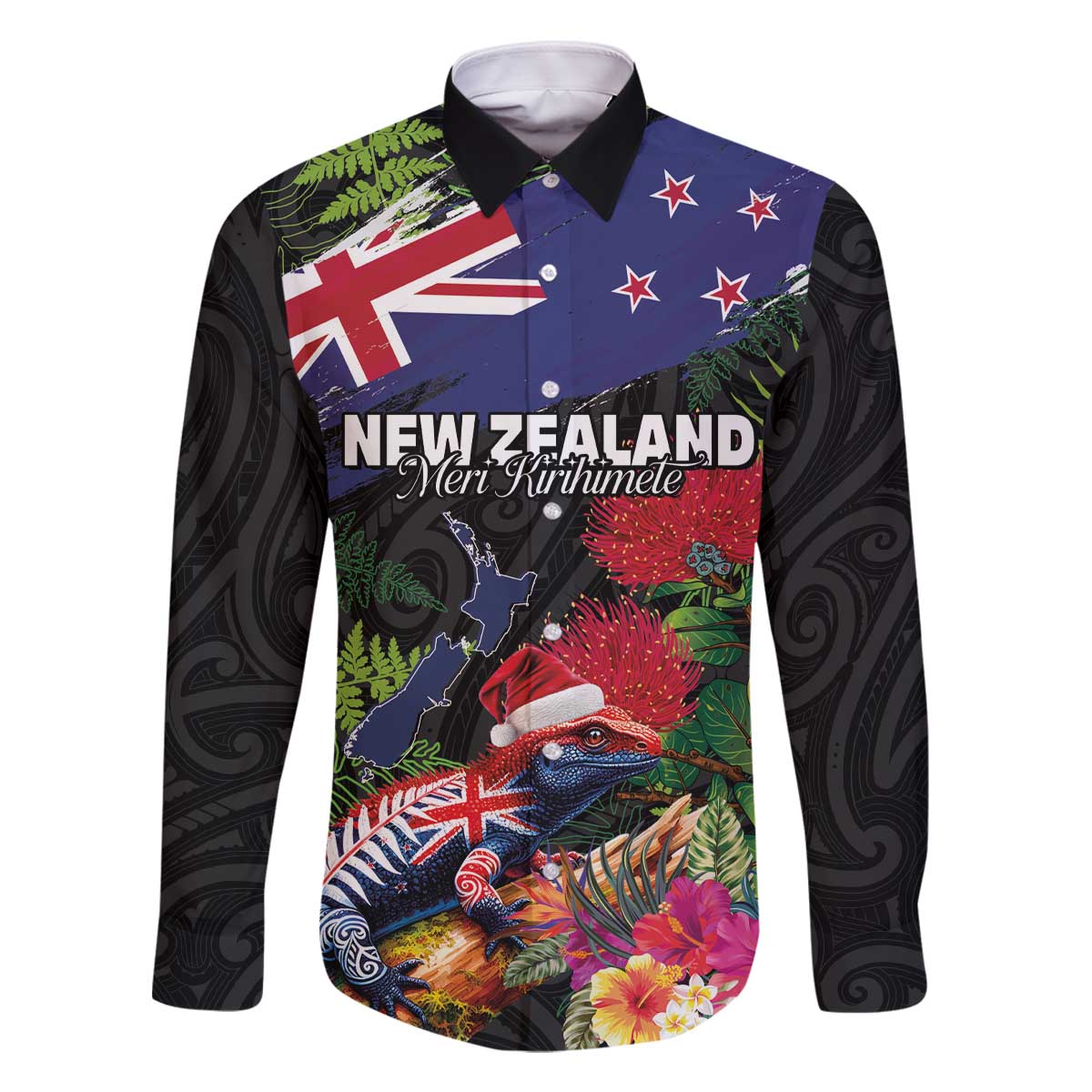 New Zealand Christmas Family Matching Off The Shoulder Long Sleeve Dress and Hawaiian Shirt Meri Kirihimete-Tuatara and Pohutukawa Black Color