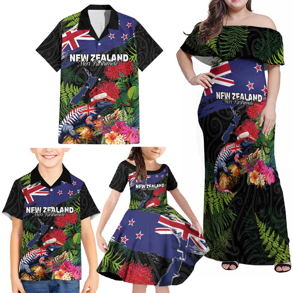 New Zealand Christmas Family Matching Off Shoulder Maxi Dress and Hawaiian Shirt Meri Kirihimete-Tuatara and Pohutukawa Black Color