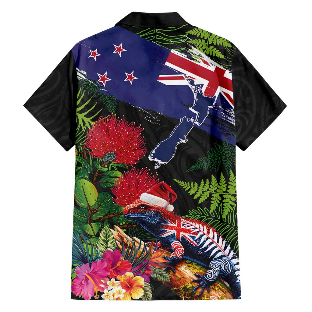 New Zealand Christmas Family Matching Off Shoulder Maxi Dress and Hawaiian Shirt Meri Kirihimete-Tuatara and Pohutukawa Black Color
