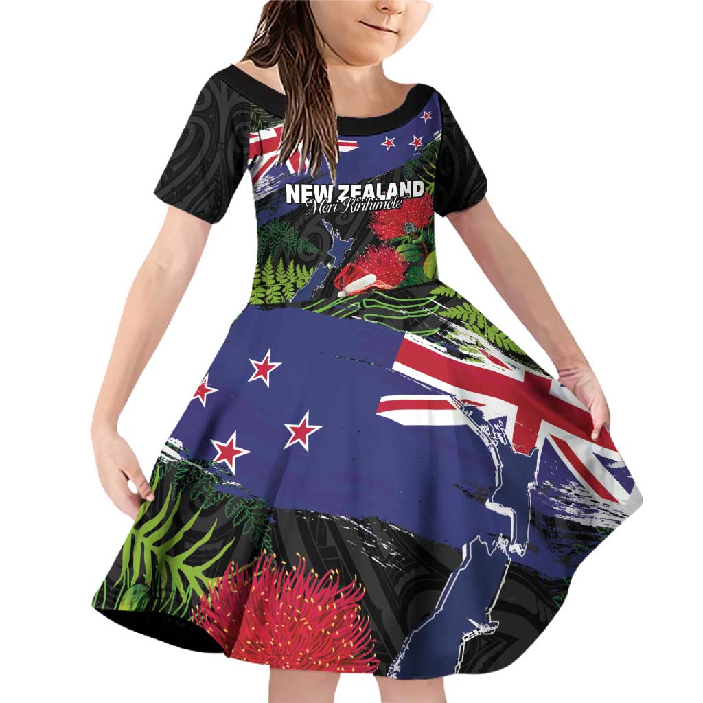 New Zealand Christmas Family Matching Off Shoulder Short Dress and Hawaiian Shirt Meri Kirihimete-Tuatara and Pohutukawa Black Color